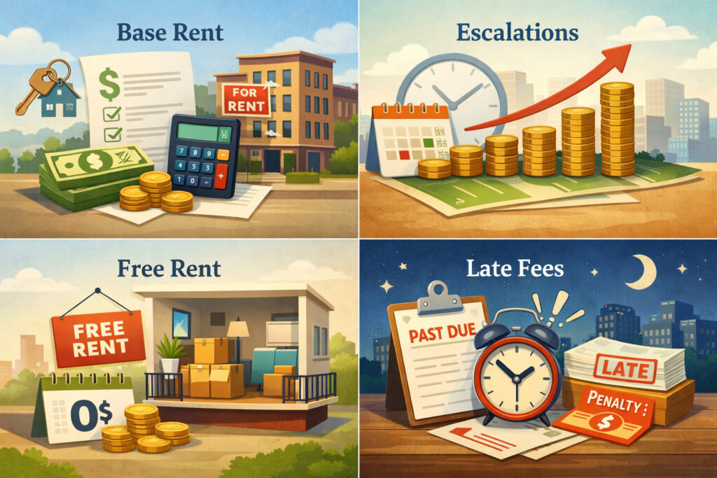 Rent basics: base rent, escalations, free rent, and late fees