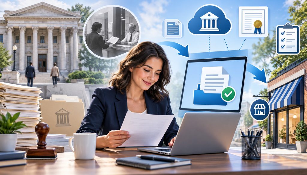 Business owner transitioning from county courthouse trade name filing to online registration